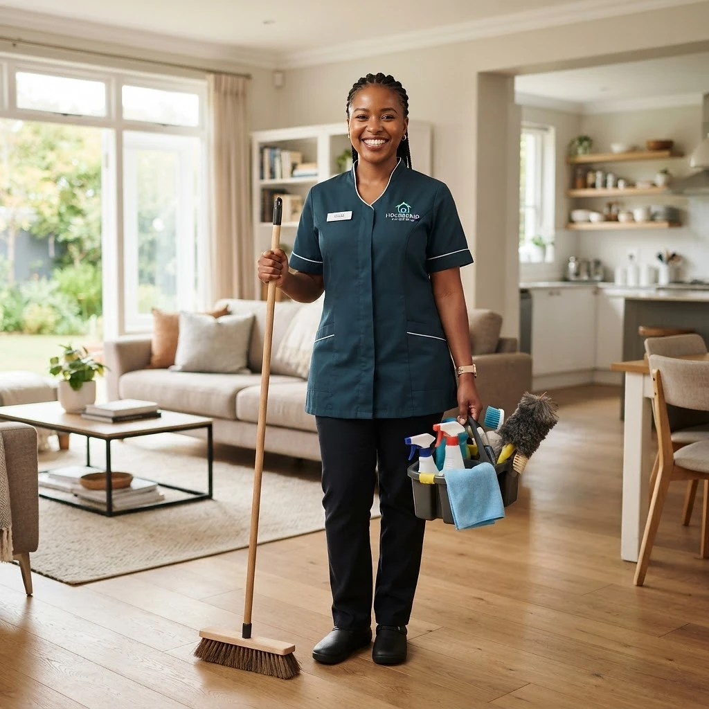 Happy African housekeeper holding cleaning tools