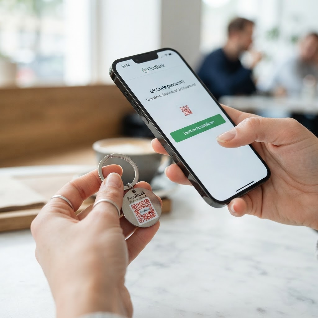 Finder scannt den QR-Code an einem gefundenen Schlüsselanhänger und kontaktiert den Besitzer über FindBack