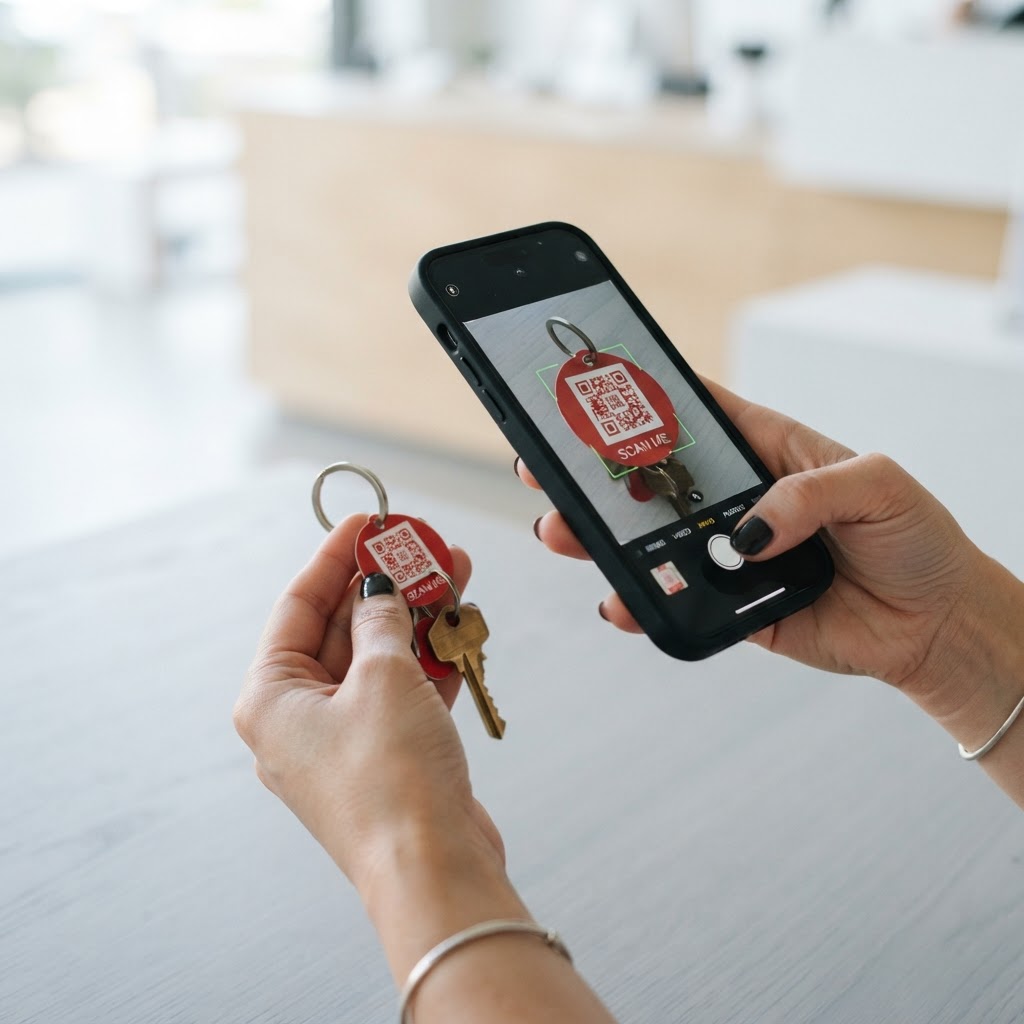 Person scannt einen FindBack-QR-Code an einem Schlüsselanhänger mit dem Smartphone