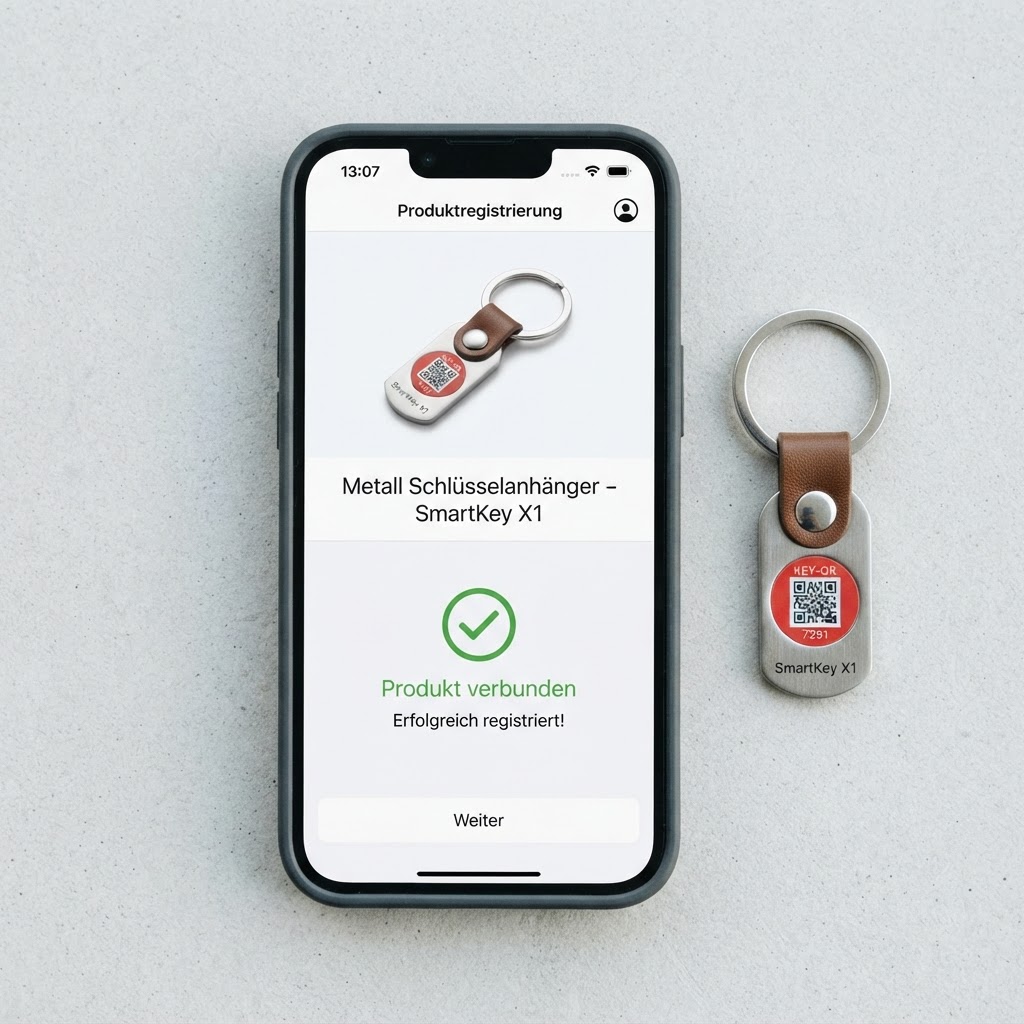Smartphone mit FindBack-Produktregistrierung und Bestätigung neben einem Schlüsselanhänger