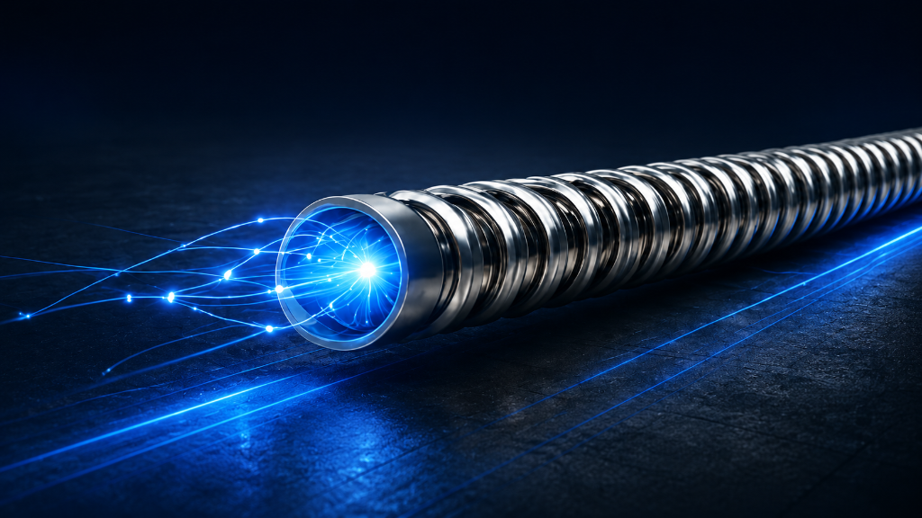 Stainless steel armored fiber optic cable with glowing blue fibers