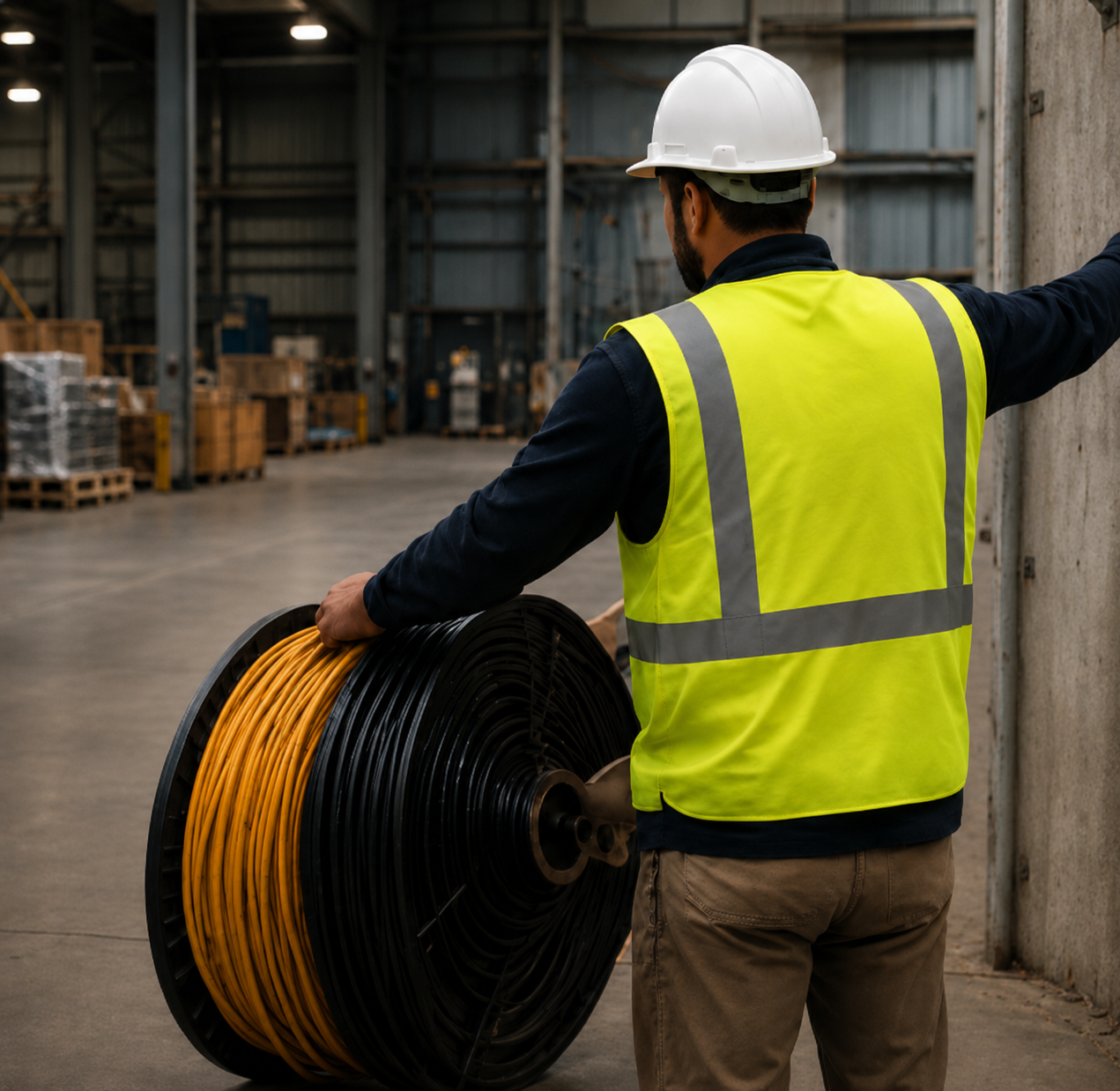 Iron Photon field technician with cable spool in warehouse