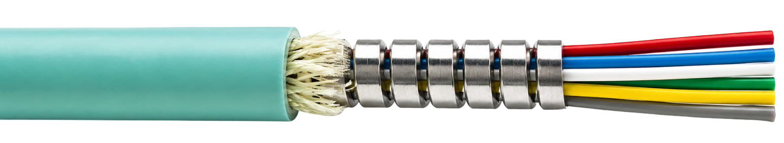Stainless steel spiral armored fiber optic cable with glowing blue fibers