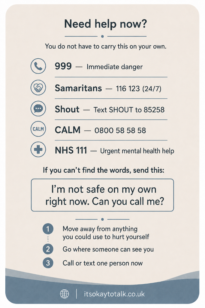 Back of itsokaytotalk crisis card with helpline numbers and safety steps