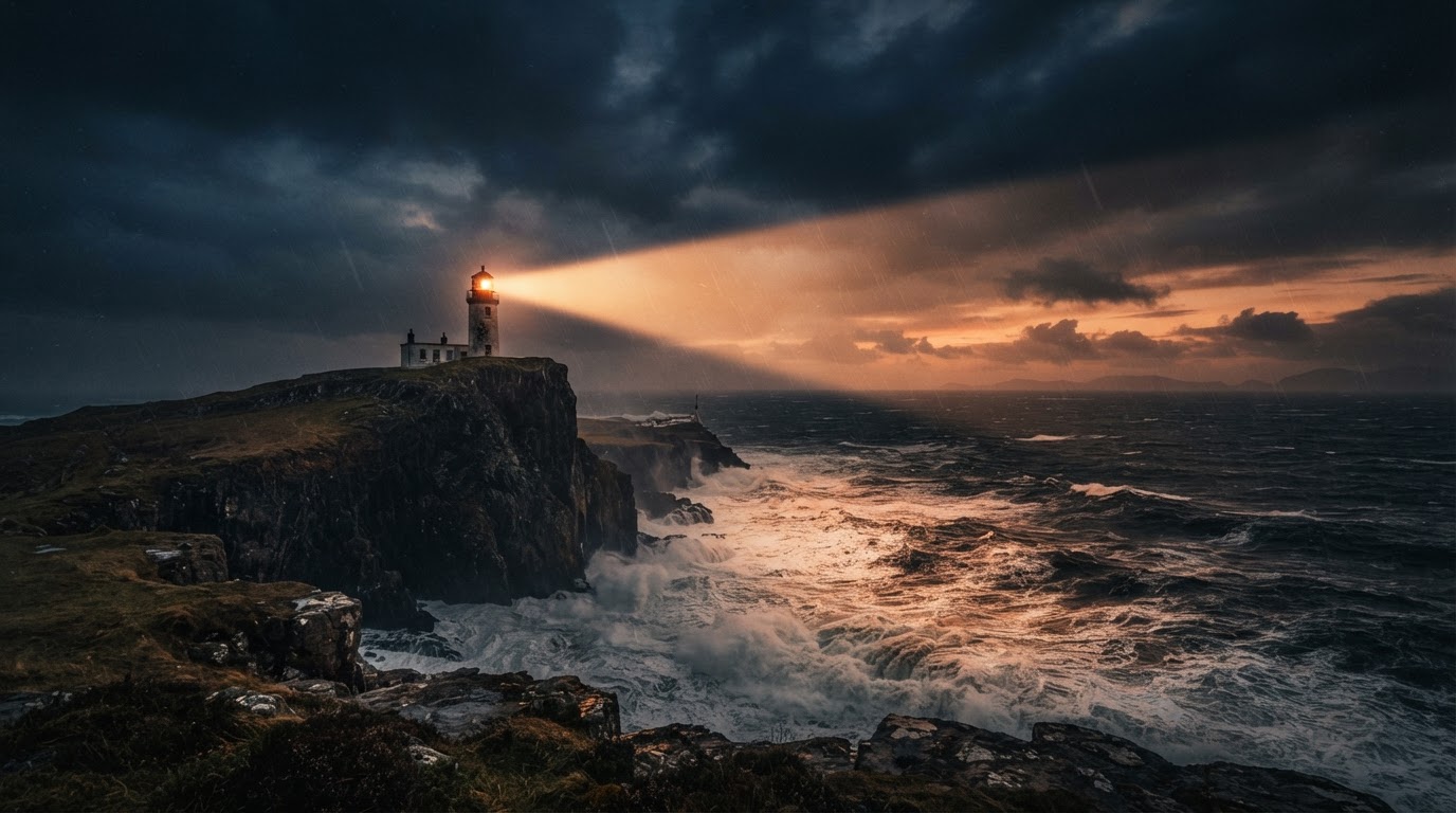Lighthouse beam cutting through storm clouds