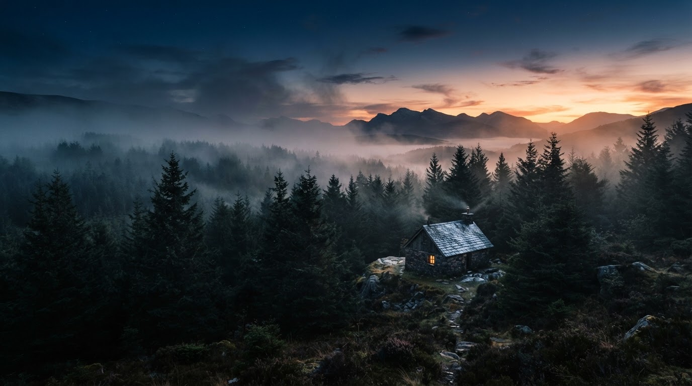 Mist rising from a dark forest at dawn