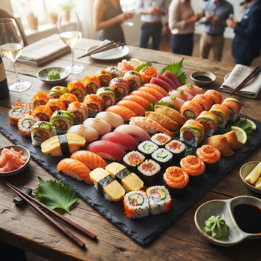 Premium sushi catering platter β nigiri, maki, and California rolls