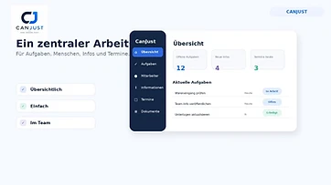 CanJust-Arbeitsbereich mit zentraler Übersicht zu Aufgaben, Informationen und Terminen