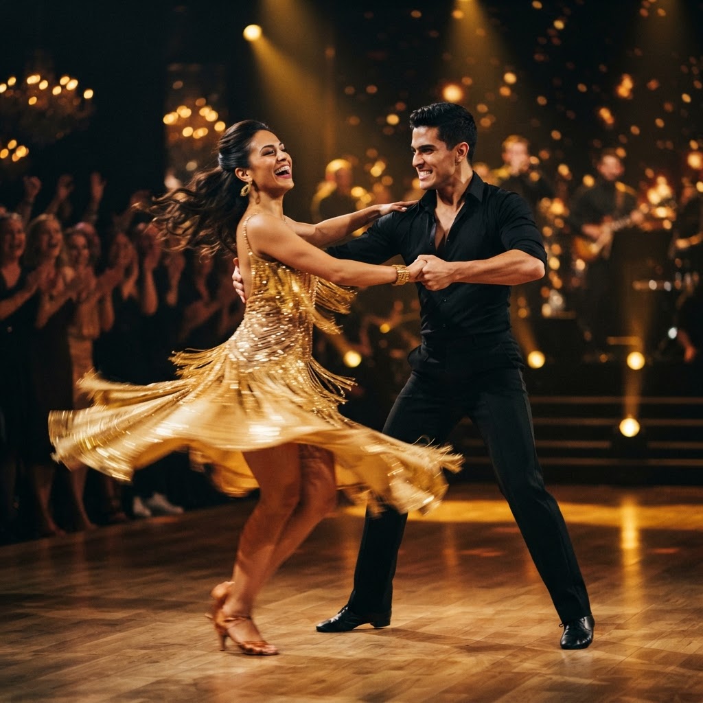 Salsa dance couple mid-twirl with golden lighting