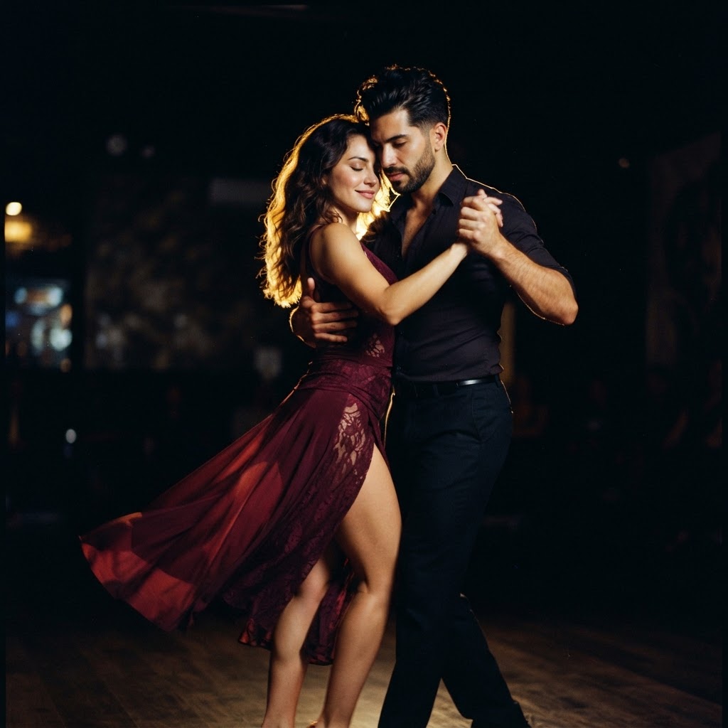Bachata dance couple in romantic embrace with warm golden lighting