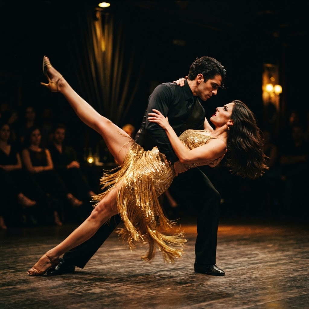 Argentine tango couple in dramatic dip pose with black and gold lighting