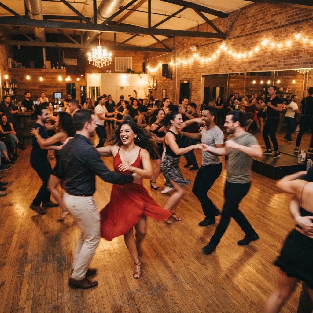 Group salsa dance class in premium studio with golden lighting