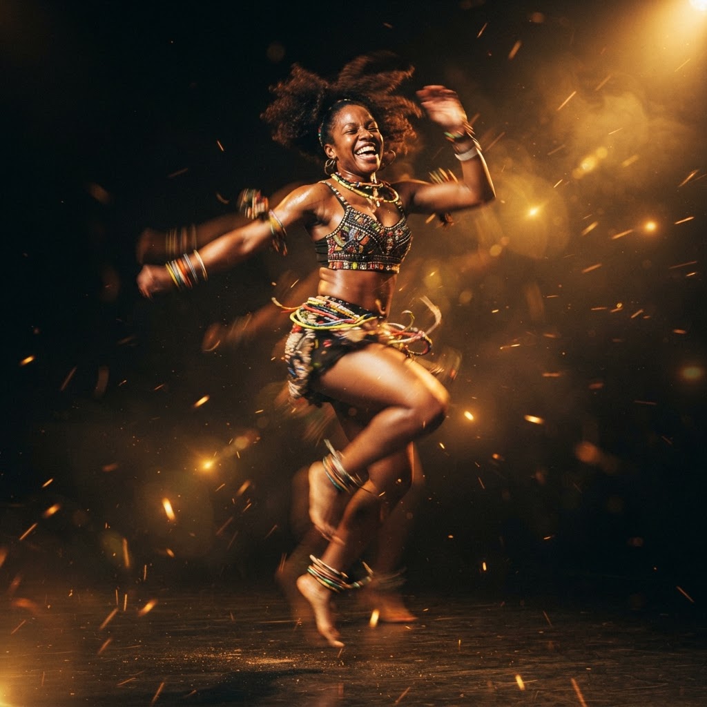 Energetic afrobeat dancer mid-movement with gold and amber lighting