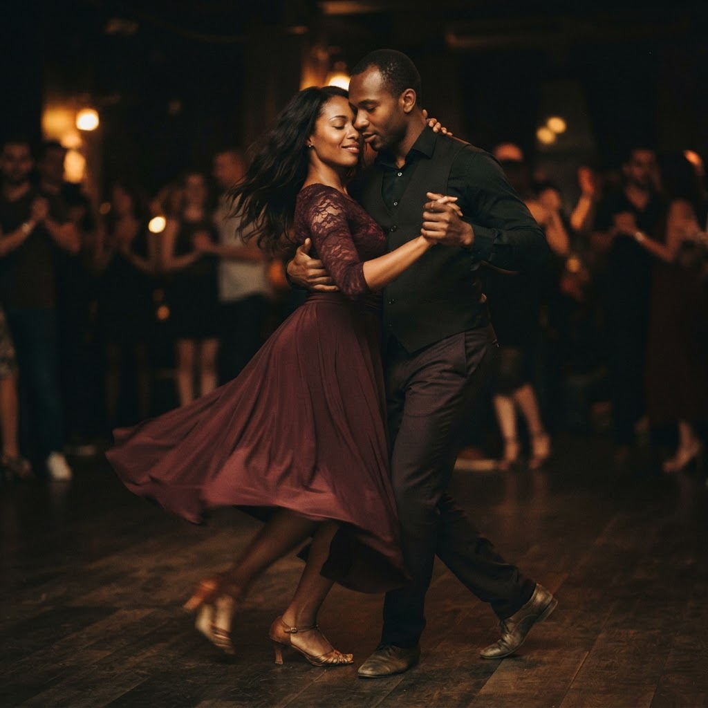 Kizomba dance couple in smooth connected motion with amber lighting