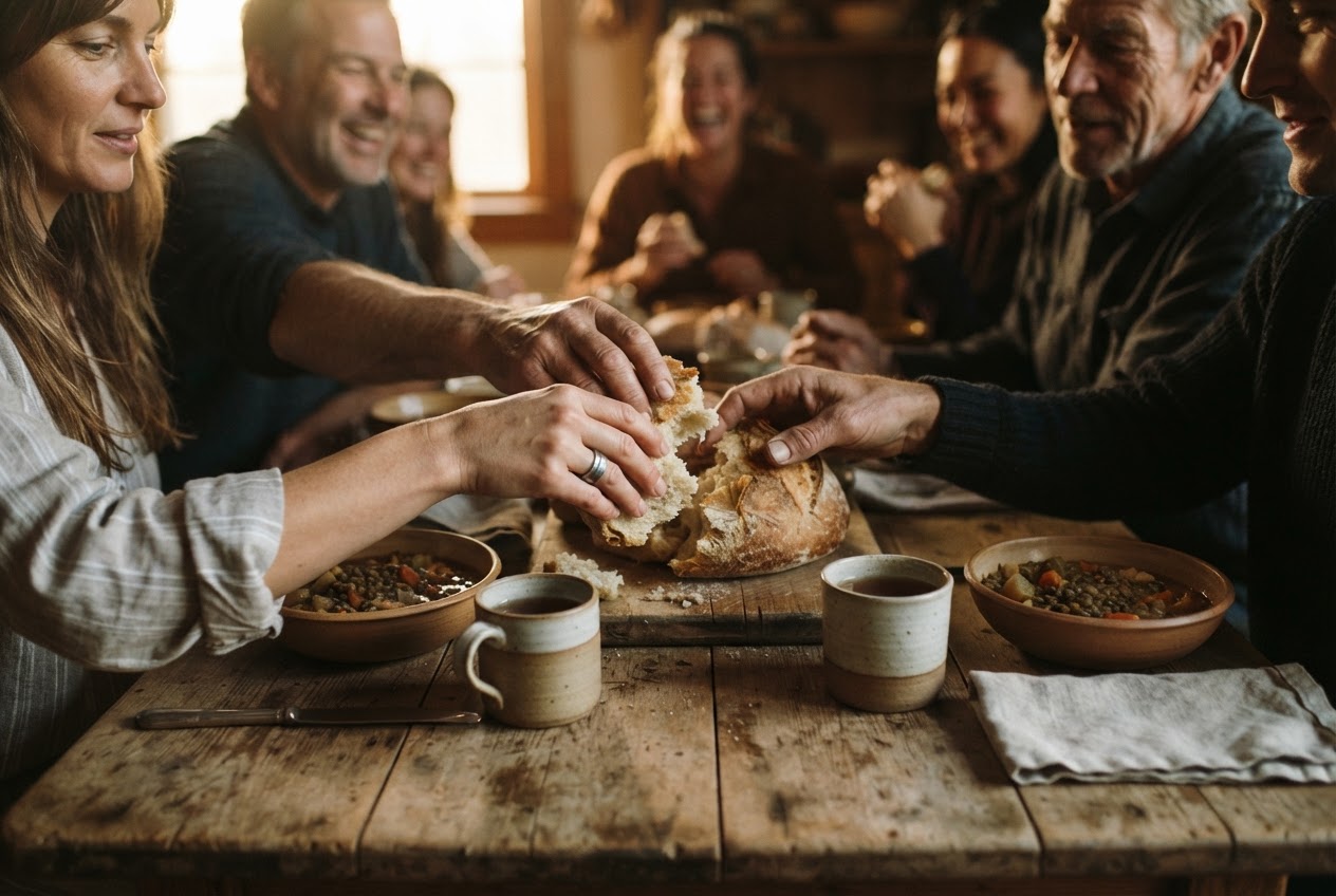 Sharing a meal around a wooden table