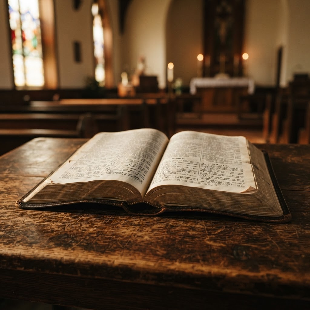 An open Bible on a wooden table