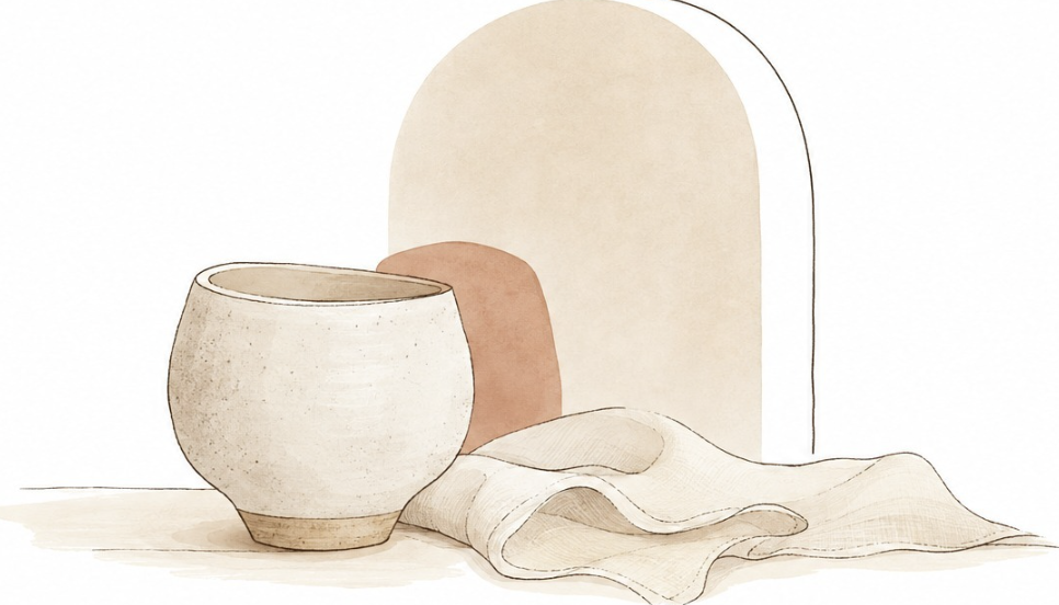 Watercolor illustration of a ceramic cup, folded linen, and softly layered arches in warm neutral tones
