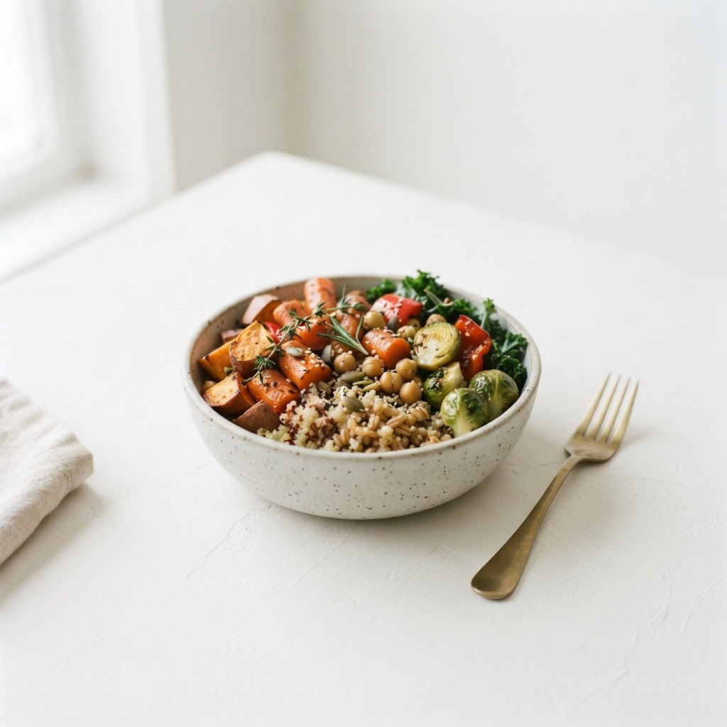 A simple nourishing meal in a matte ceramic bowl on a clean white surface in soft natural light
