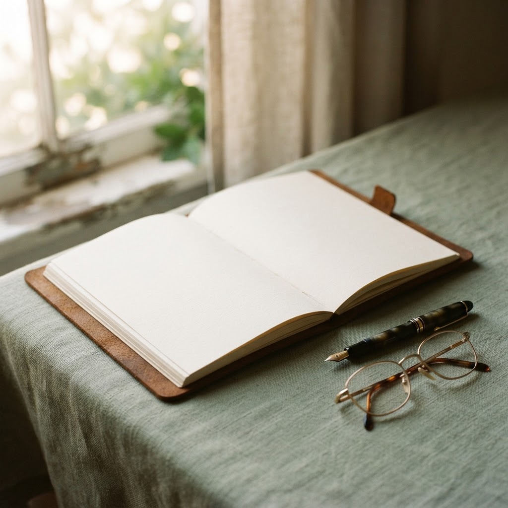 An open journal, a fountain pen, and reading glasses resting on a linen-covered surface in soft morning light.