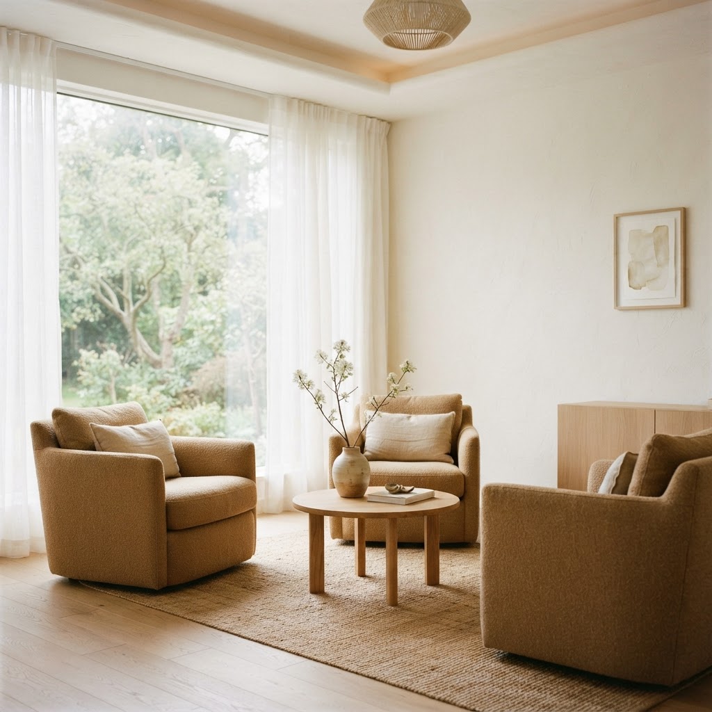 A warm minimalist therapy room with conversation chairs, soft window light, warm white walls, and light wood accents