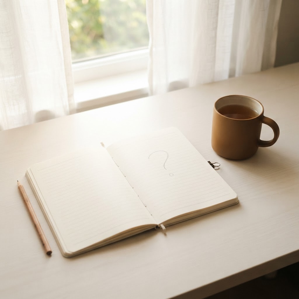 A single open notebook page with a soft pencil question mark on a clean warm white desk beside a deep camel ceramic mug near a sunlit window
