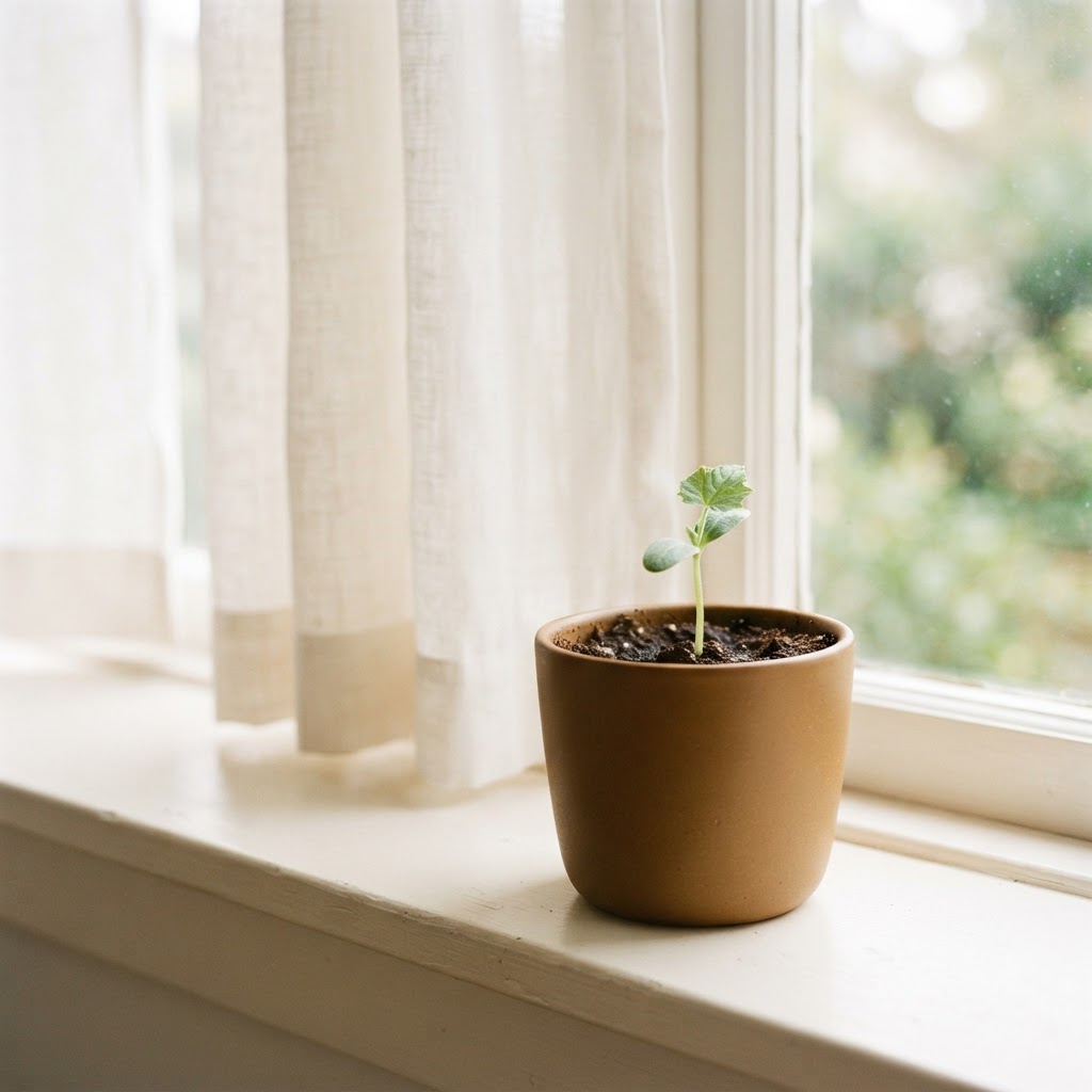 A small healthy green seedling growing in a deep camel ceramic pot on a warm white windowsill with soft morning light from a window with sheer curtains