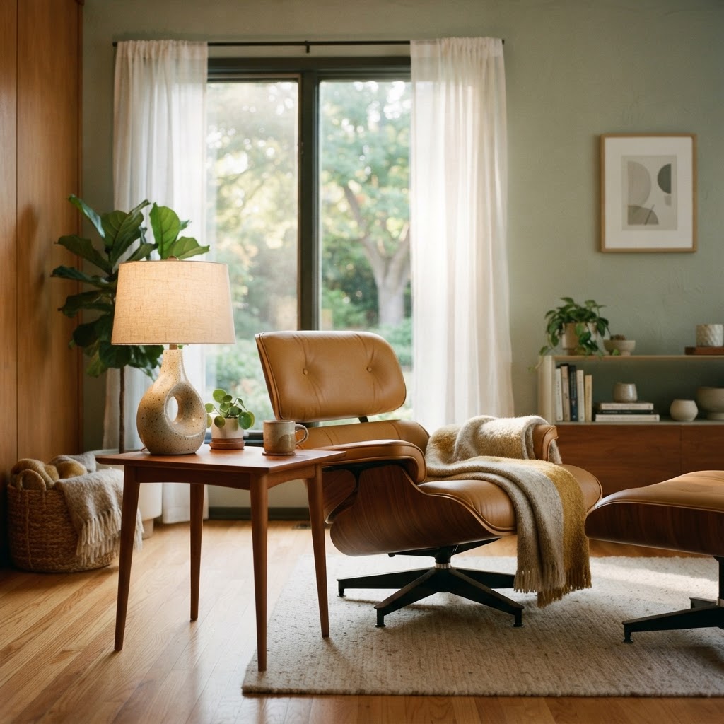 A warm mid-century modern therapy office with a walnut lounge chair, teak side table, and sculptural lamp in slanting morning sunlight