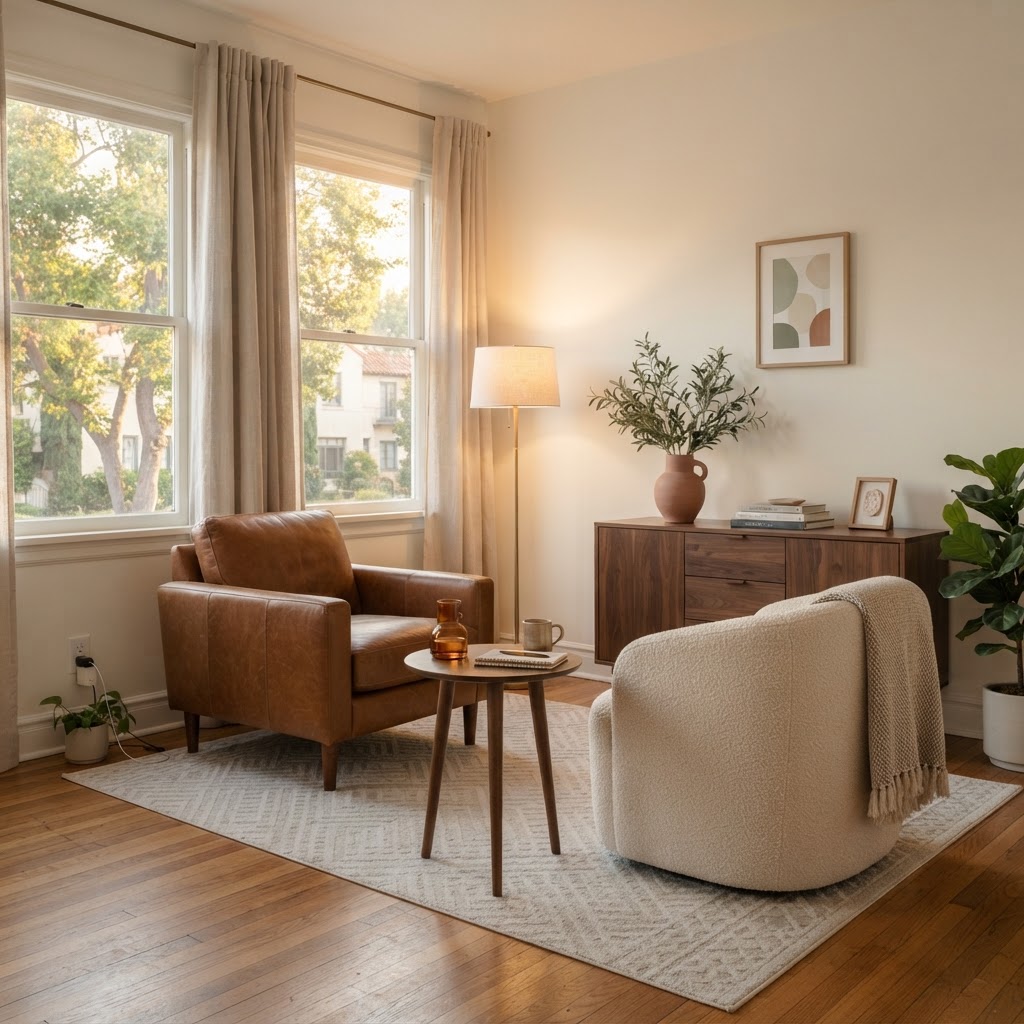 A realistic contemporary therapy office with a cognac leather chair, cream lounge chair, walnut furnishings, and soft natural light.