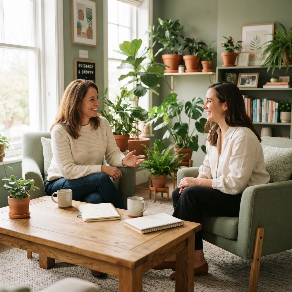 A welcoming living room arranged for a supportive family conversation.