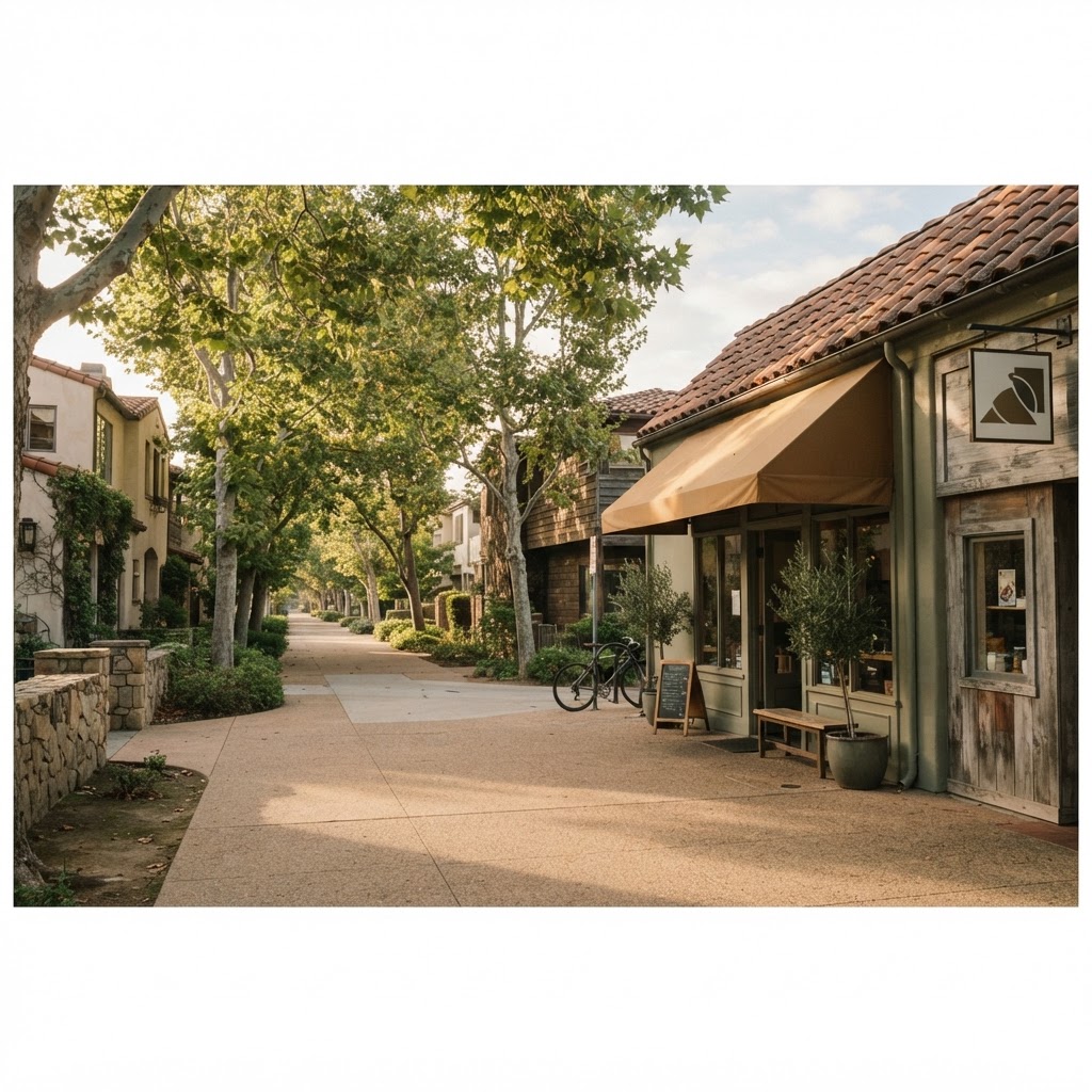 A quiet tree-lined neighborhood walkway near a cafe and market