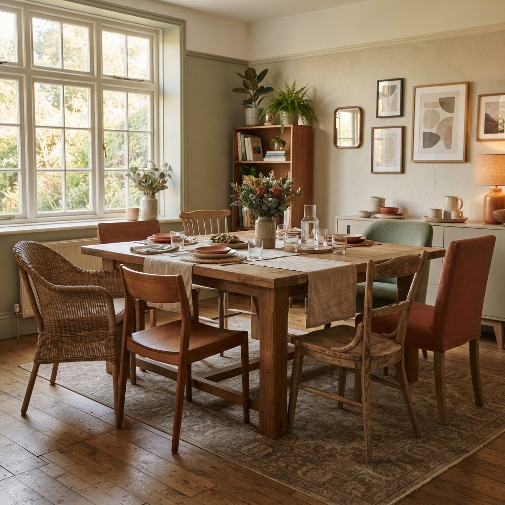 Several different chairs gathered around a dining table in afternoon light