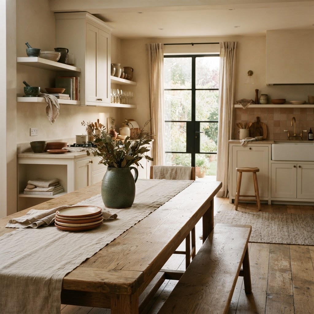 A quiet contemporary dining and kitchen environment in warm afternoon light