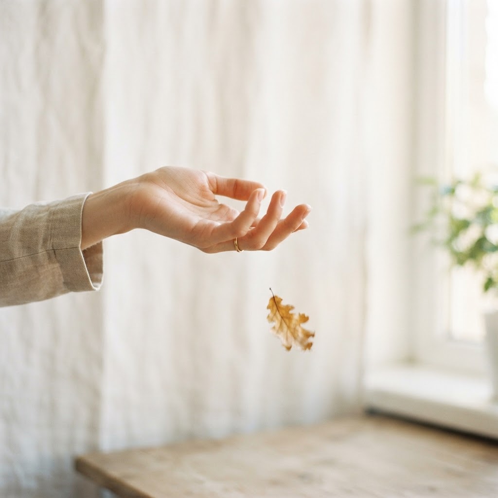 An open hand gently releasing a small dried leaf against a soft warm white linen background near a bright window