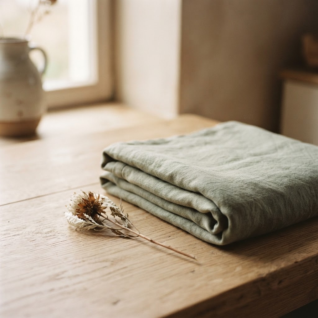 A folded natural linen blanket and a single dried flower resting on a light wooden surface in soft morning light, evoking stillness and the slow work of recovery.