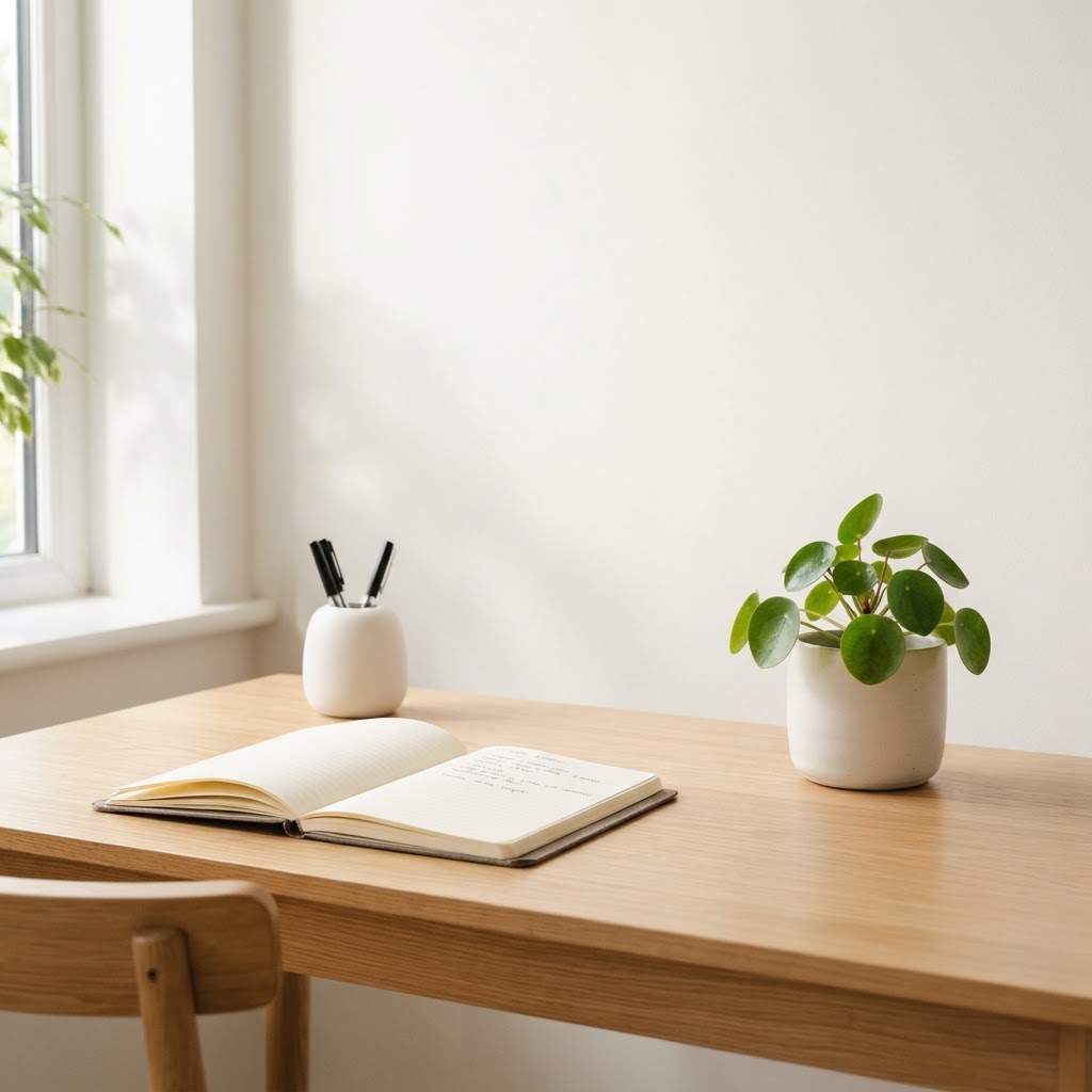 A clean, modern desk with an open notebook, matte ceramic pen holder, and small green plant in soft diffused light