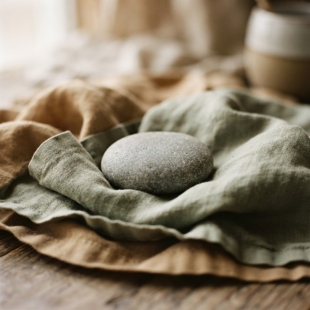 A smooth river stone cradled in a fold of natural linen in soft natural light, suggesting grounding and a place of safety in the body.