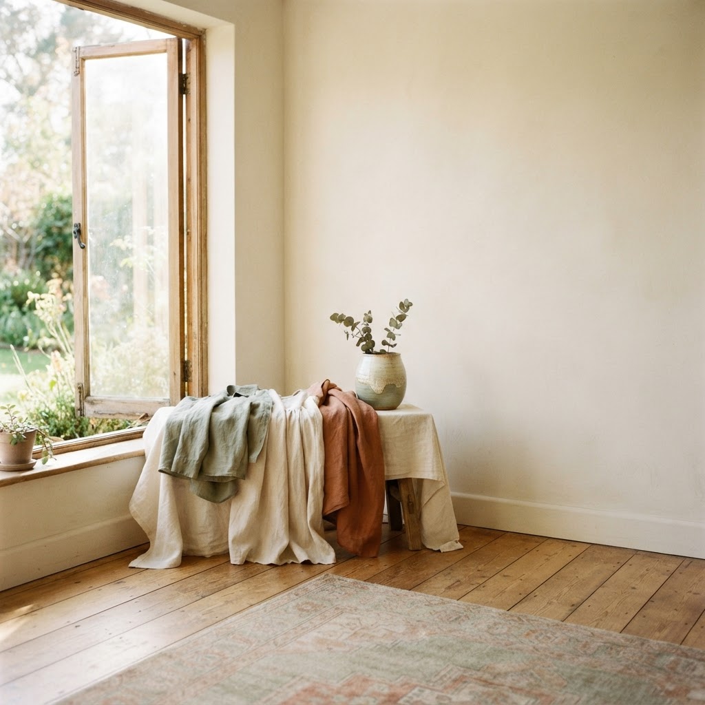 Soft linen garments and a ceramic vessel beside an open sunlit window