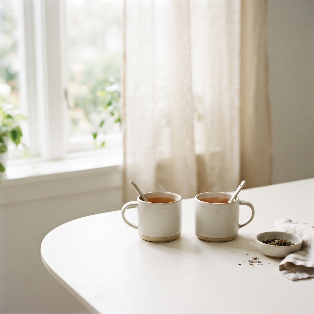 Two simple ceramic mugs of tea on a smooth white surface near a sunlit window with sheer linen curtains