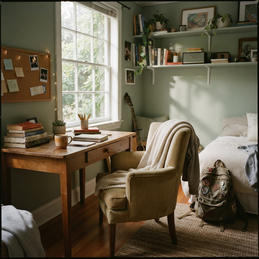 A warm study nook with books, a backpack, and leafy window light