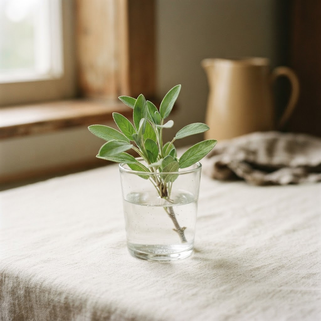 A fresh sprig of sage standing in a glass of water on a cream linen surface in soft morning light, suggesting renewal and quiet growth.