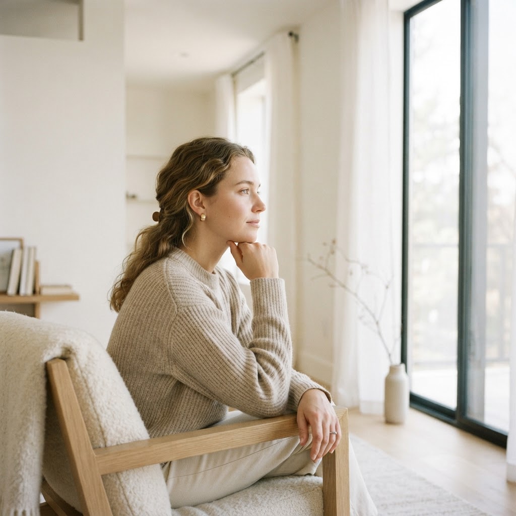 A young adult in neutral knitware sitting thoughtfully near a sunlit window with sheer linen curtains