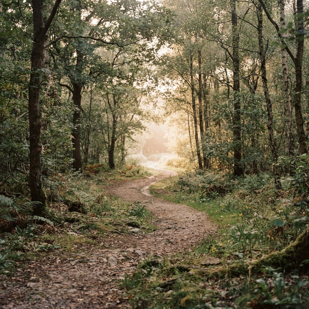 A quiet wooded path opening into warm morning light