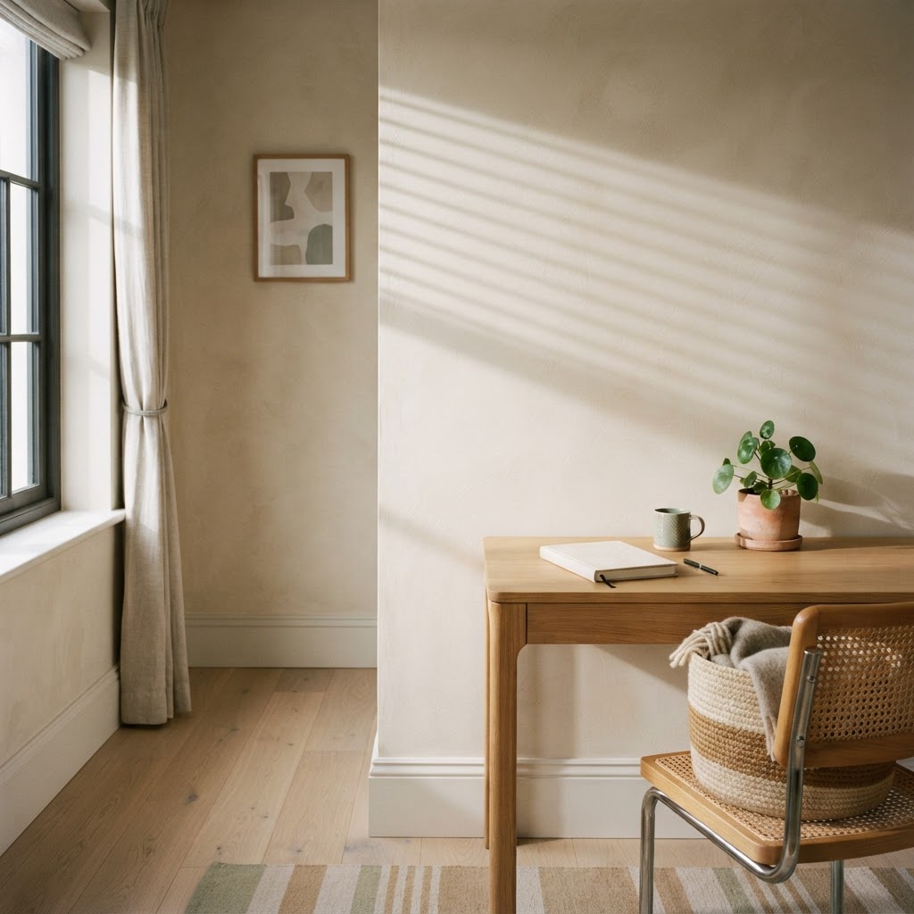 Ordered architectural shadows softening across a warm wall and desk