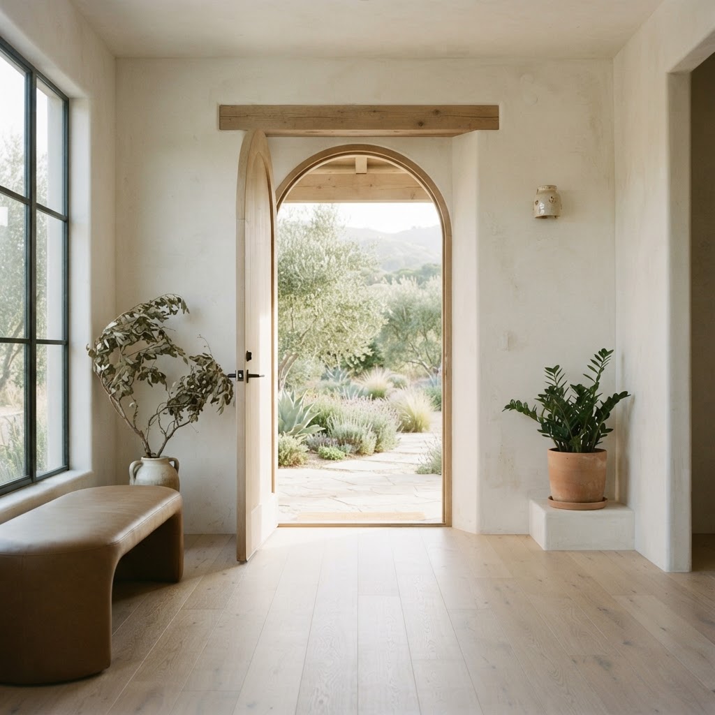 Sunlight falling across a warm contemporary interior and open passage