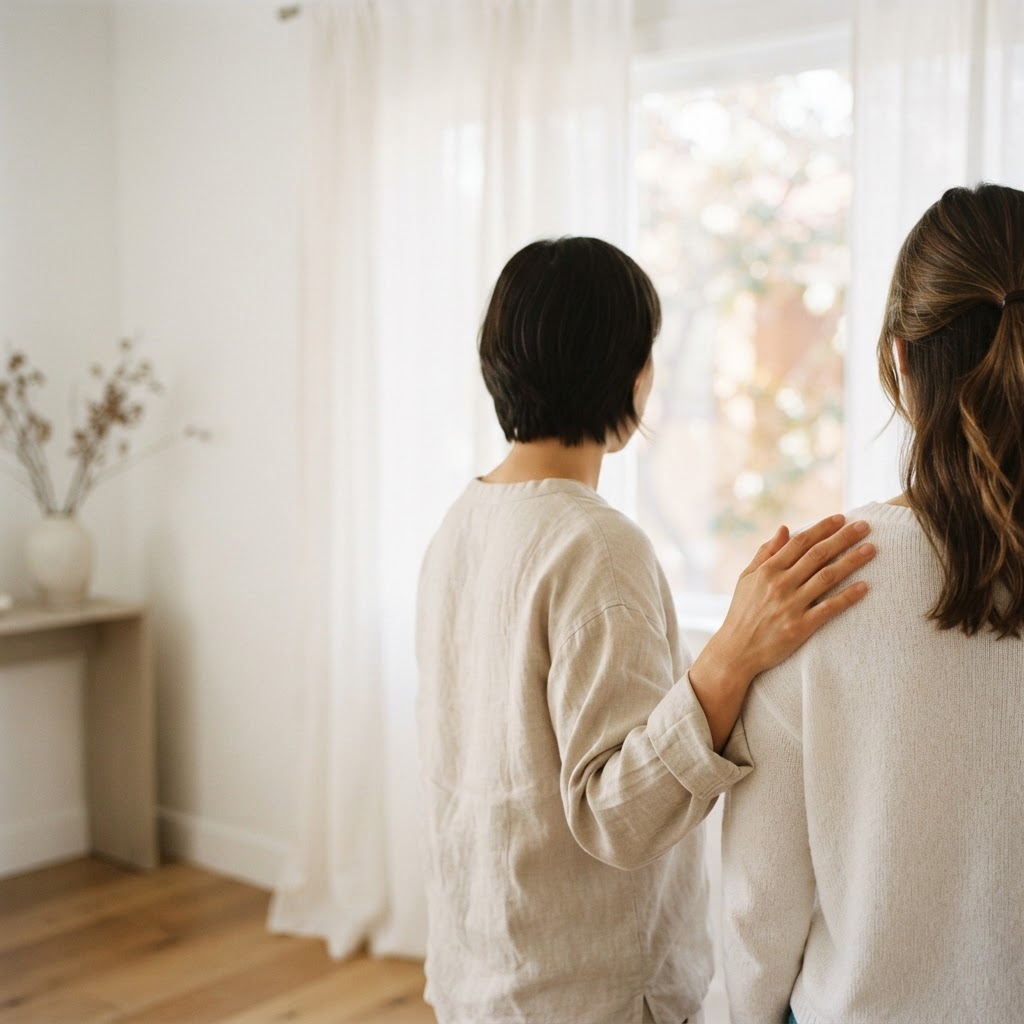 A gentle hand resting lightly on another person's shoulder near a sunlit window with sheer curtains