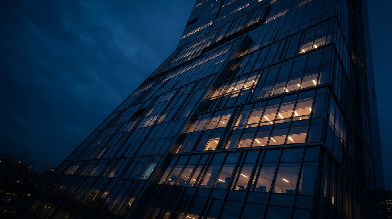 Architectural glass facade at blue hour