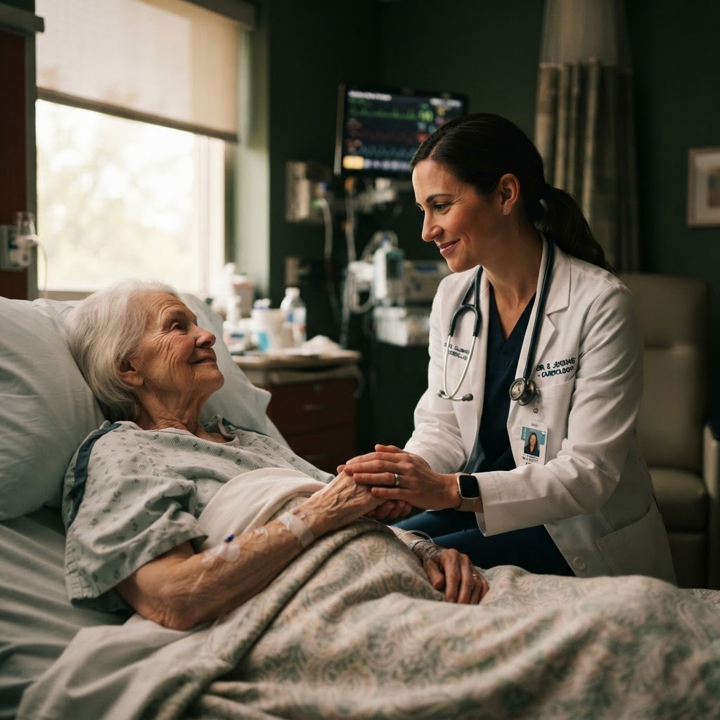 Compassionate physician caring for a patient at the bedside