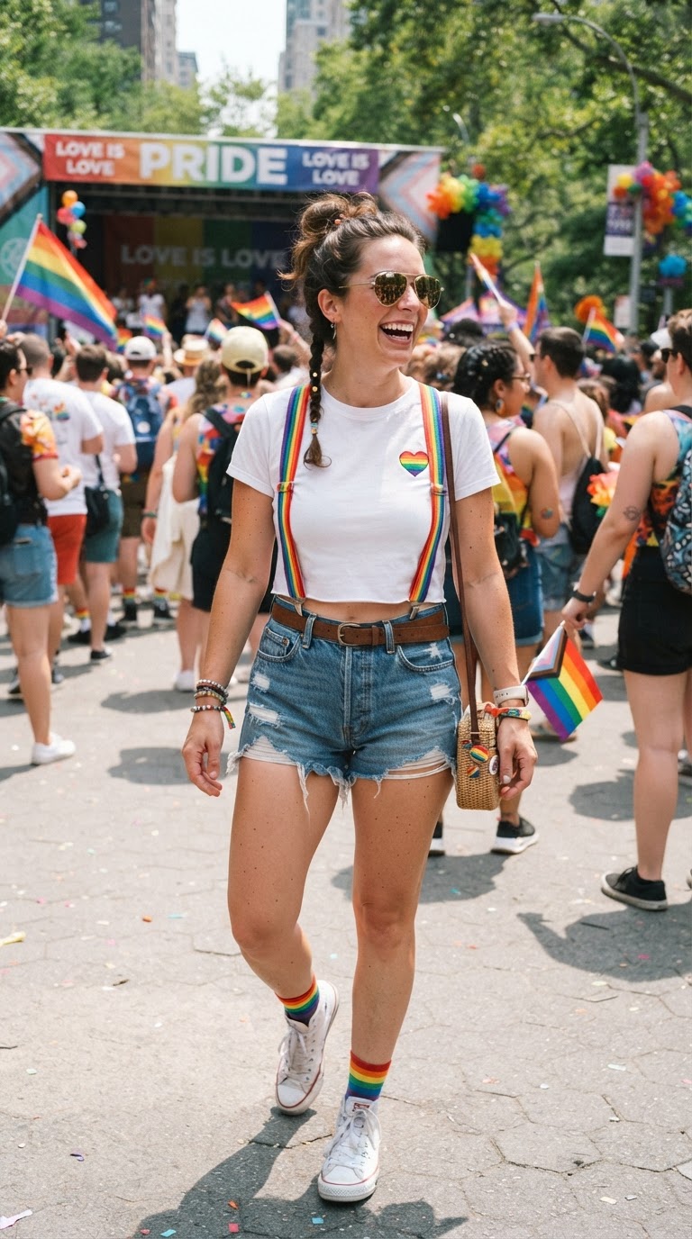 Denim Shorts & Rainbow Suspenders — fem pride outfit idea