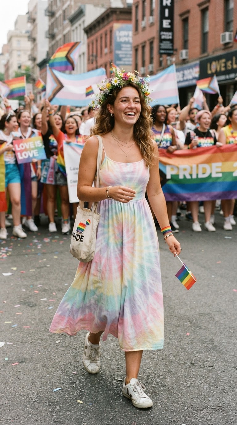 Pastel Tie-Dye Sundress — fem pride outfit idea