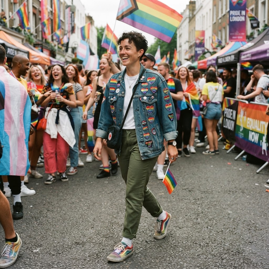 Leather Jacket & Rainbow Mesh — masc lesbian pride outfit idea